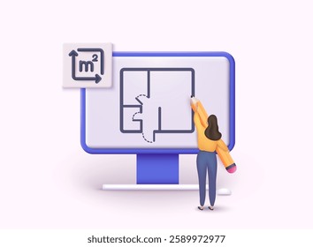 Plan floor apartment. Room dimension sign. House area measurement symbol. 3D Web Vector Illustrations.