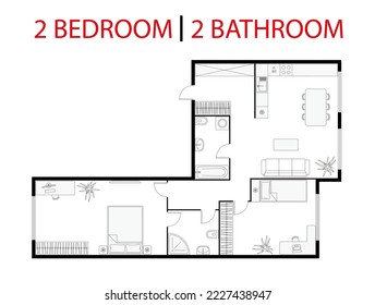 Plan floor apartment. Studio, condominium. Two bedroom layout floor plan. Interior design elements kitchen, bedroom, bathroom with furniture. Vector floorplan living room. Architectural plan