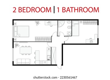 Plan floor apartment. Studio, condominium. Two bedroom layout floor plan. Interior design elements kitchen, bedroom, bathroom with furniture. Vector floorplan living room. Architectural plan