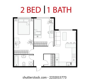 Plano de piso. Estudio, condominio. Planta de dos habitaciones. Decoración de diseño, cocina, dormitorio, baño con muebles. Sala de estar con planta de vectores. Plan arquitectónico