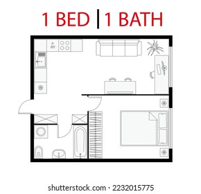 Plan floor apartment. Studio, condominium. One bedroom layout floor plan. Interior design elements kitchen, bedroom, bathroom with furniture symbol. Vector floorplan. Architectural plan.