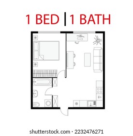 Plan floor apartment. Studio, condominium. One bedroom layout floor plan. Interior design elements kitchen, bedroom, bathroom with furniture symbol. Vector floorplan. Architectural plan.