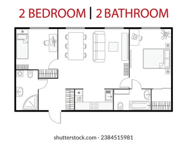 Wohnung im Erdgeschoss. Studio, Wohnsitz. Zwei Schlafzimmer Grundriss. Interieur Design Elemente Küche, Schlafzimmer, Bad mit Möbeln. Wohnzimmer mit Vektorgeschoss. Entwurf eines Architekturplans