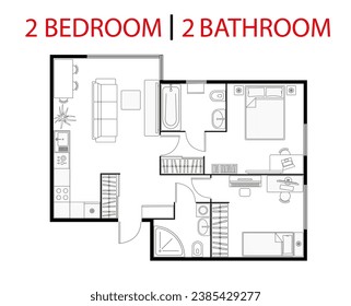 Plano de piso. Estudio, condominio. Planta de dos habitaciones. Decoración de diseño, cocina, dormitorio, baño con muebles. Sala de estar con planta de vectores. Plan arquitectónico de Blueprint