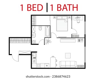 Plan floor apartment. Studio, condominium. One bedroom layout floor plan. Interior design elements kitchen, bedroom, bathroom with furniture symbol. Vector floorplan. Architectural plan.