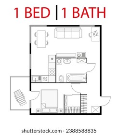 Plan floor apartment. Studio, condominium. One bedroom layout floor plan. Interior design elements kitchen, bedroom, bathroom with furniture symbol. Vector floorplan. Architectural plan.