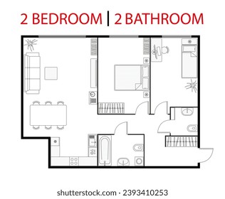 Plan floor apartment. Studio, condominium. Two bedroom layout floor plan. Interior design elements kitchen, bedroom, bathroom with furniture. Vector floorplan living room. Blueprint architectural plan