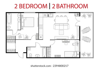 Plan floor apartment. Studio, condominium. Two bedroom layout floor plan. Interior design elements kitchen, bedroom, bathroom with furniture. Vector floorplan living room. Blueprint architectural plan