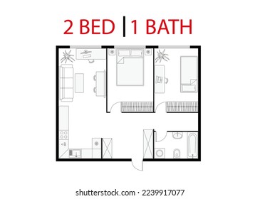 Plan floor apartment two bedroom. Studio, two bedroom layout floor plan. Interior design elements kitchen, bedroom, bathroom with furniture. Vector floorplan living room. Architectural plan.