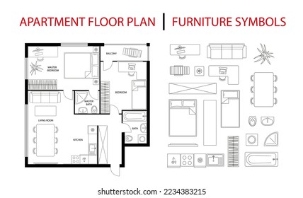 Apartamentos en planta baja. Elementos de diseño de iconos cocina, dormitorio, baño con símbolos de muebles. Estudio, condominio, piso, casa. Apartamento de dos dormitorios. Plano 2D de planta de arquitectura vectorial.