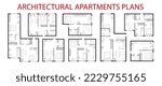 Plan floor apartments set. One, two bedroom apartment. Interior design elements kitchen, bedroom, bathroom with symbols furniture. Vector architecture 2D Studio, condominium, flat floor plan.
