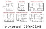 Plan floor apartments set. Studio, condominium, flat, house. One, two bedroom apartment. Interior design elements bedroom, bathroom with symbols furniture. Vector architecture 2D floor plan.