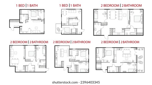 Plan floor apartments set. Studio, condominium, flat, house. One, two bedroom apartment. Interior design elements bedroom, bathroom with symbols furniture. Vector architecture 2D floor plan.