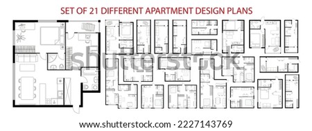 Plan floor apartments set. Studio, condominium, flat, house. One, two bedroom apartment. Interior design elements bedroom, bathroom with symbols furniture. Vector architecture 2D floor plan.