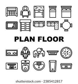 plan floor home icons set vector. house kitchen, architect room, architecture interior, apartment view, bathroom top plan floor home black contour illustrations