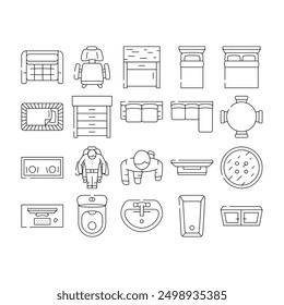 plan floor home icons set vector. house kitchen, architect room, architecture interior, apartment view, bathroom top plan floor home black contour illustrations