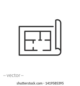 Plan Floor Icon, Project, Blueprint Architecture, House Construction Line Symbol On White Background - Editable Stroke Vector Illustration Eps10