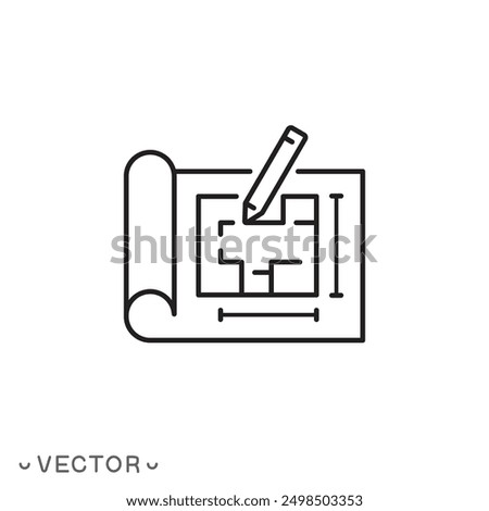 plan floor icon, project, blueprint architecture, house construction thin line symbol isolated on white background, editable stroke eps 10 vector illustration