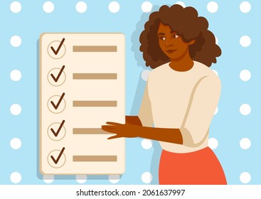 Plan fulfilled concept. Woman stands next to task list and marks completed projects. Personal efficiency and time management. Cartoon modern flat vector illustration isolated on blue background