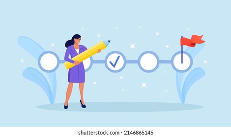 Plan fulfilled, mission completed. Business woman fill out to do list or checklist with big pencil. Successful execution of business tasks. Work planning, time management. Done job. Vector design