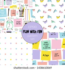 Plan with fun memphis style seamless pattern set. Desk accessories, marker scrawls, multicolor dots and sticky notes. Time planning hand drawn textures pack. Wallpaper, wrapping paper flat design