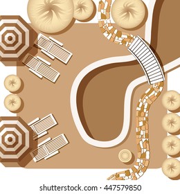 Plan of garden with decorative plant and furniture symbols. Lounge with umbrella near the pool.  Patio with garden chairs and table with umbrella.
