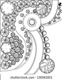 Plan of garden with plant symbols black and white