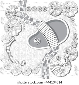 Plan of garden with pool, bridge, stones pathway, decorative plant and furniture symbols. Dendroplan  black and white.
