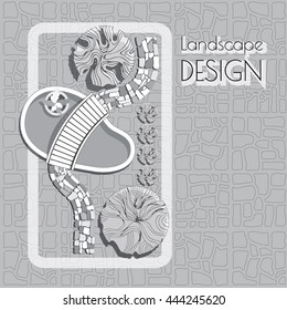 Plan of garden with pool, bridge, stones pathway, decorative plant and words Landscape design.  Vector illustration  grey and white on paved background.