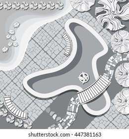 Plan of garden with pool, bridge, stones pathway, decorative plant and furniture symbols. Dendroplan  black and white.