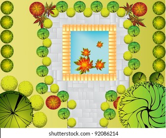 Plan of garden with symbols of tree