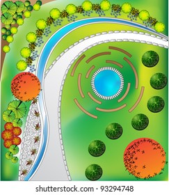 Plan of garden with symbols of tree