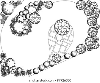 Plan of garden with symbols of tree