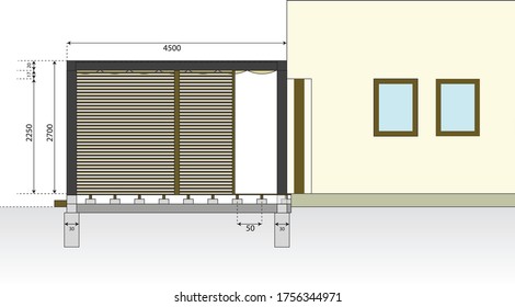 Plan of garden terrace at family house. Outdoor seating, vector construction drawing. Wooden pergola, light structure located in garden. Blueprint of external shading against sunlight and heat