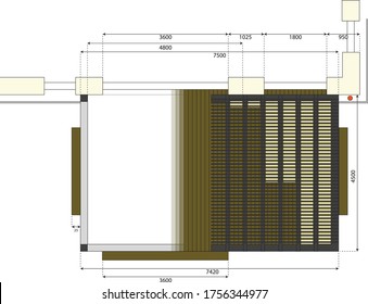 Plan of garden terrace at family house. Outdoor seating, vector construction drawing. Wooden pergola, light structure located in garden. Blueprint of external shading against sunlight and heat