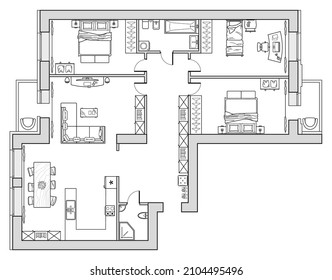 Plan of a house with furniture layout. Interior drawing in black and white, top view. Architectural set of standard symbols for apartment and house projects. Vector icon set