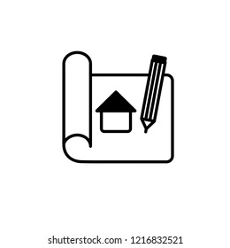 plan with a house and a pencil; vector icon,  graphic symbol isolated on white.