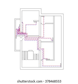 Plan of a house with a water heating system. Heat vector.