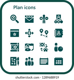  plan icon set. 16 filled plan icons. Simple modern icons about  - Analytics, Calendar, Tasks, Destination, Agenda, Plan, Mortgage, Bowling, Strategy, Bowling pins