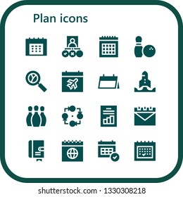 plan icon set. 16 filled plan icons.  Simple modern icons about  - Calendar, Tasks, Bowling, Analytics, Startup, Strategy, Agenda