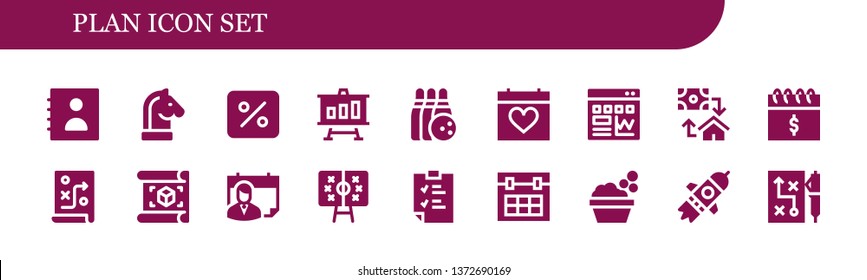 plan icon set. 18 filled plan icons.  