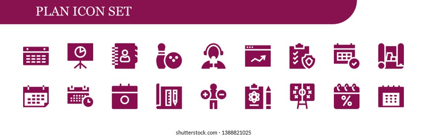 plan icon set. 18 filled plan icons.  Simple modern icons about  - Calendar, Analytics, Agenda, Bowling, Reporter, Clipboard, Scheme, Schedule, Architecture, Report, Tactics