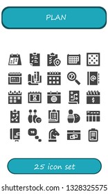 plan icon set. 25 filled plan icons.  Simple modern icons about  - Calendar, Clipboard, Chess board, Plan, Analytics, Agenda, Planning, Strategy, Bowling, Task, Data table, Thinking