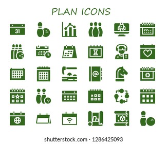  plan icon set. 30 filled plan icons. Simple modern icons about  - Calendar, Bowling, Analytics, Startup, Schedule, Reporter, Adze, Agenda, Strategy, Date, Scheme, Plan