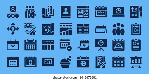 plan icon set. 32 filled plan icons. on blue background style Collection Of - Tasks, Destination, Calendar, Bowling, Mortgage, Plan, Strategy, Data table, Blueprint, Agenda, Analytics