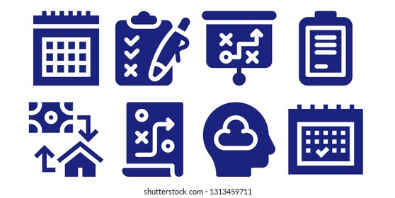 plan icon set. 8 filled plan icons.  Collection Of - Mortgage, Calendar, Planning, Clipboard, Thinking, Strategy, Form