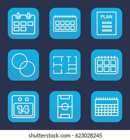 Plan icon. set of 9 outline plan icons such as circle intersection, 14 date calendar, plan, calendar