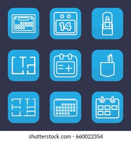 Plan icon. set of 9 outline plan icons such as office room, medical appointment, office supply, 14 date calendar, plan