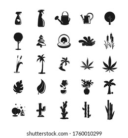 plan icon set with bamboo, tree, flower, marijuana, leaf, palm, watering can