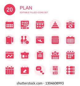 plan icon set. Collection of 20 filled plan icons included Calendar, Strategy, Pyramid chart, Clipboard, Bowling, Landing page, Analytics, University, Thinking, Timeline